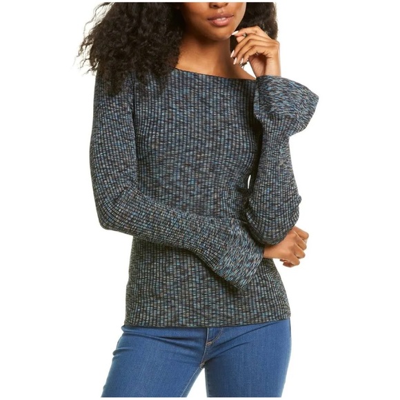 NWT💕Theory Cabled Print Ribbed Boatneck Sweater with Bell Sleeves Size P - Picture 4 of 14